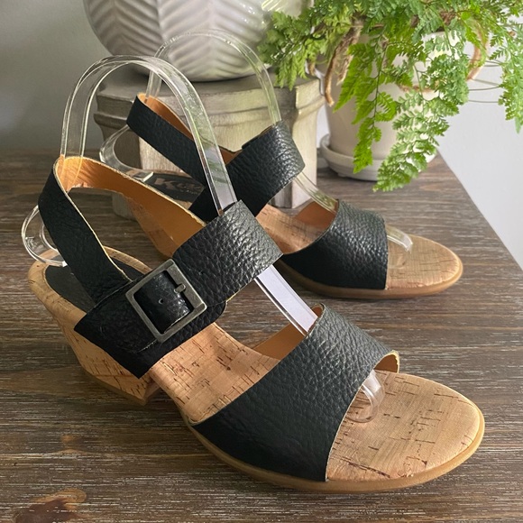 Kork-Ease Korks Laurelin Black Pebbled Leather Cork Block Heel Sandals Women 8 M - Picture 2 of 11